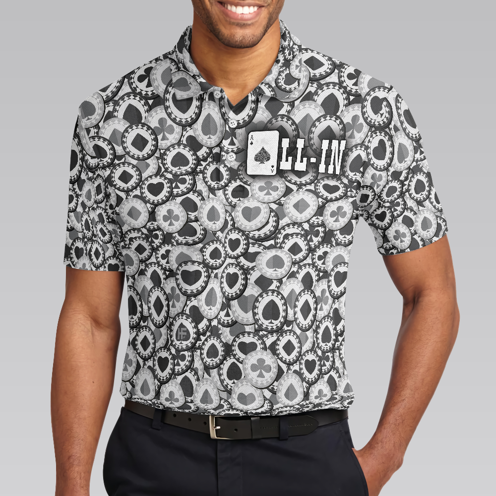 Poker All In Short Sleeve Polo Shirt Black And White Poker Chip Pattern Polo Shirt Best Poker Shirt For Men - 4