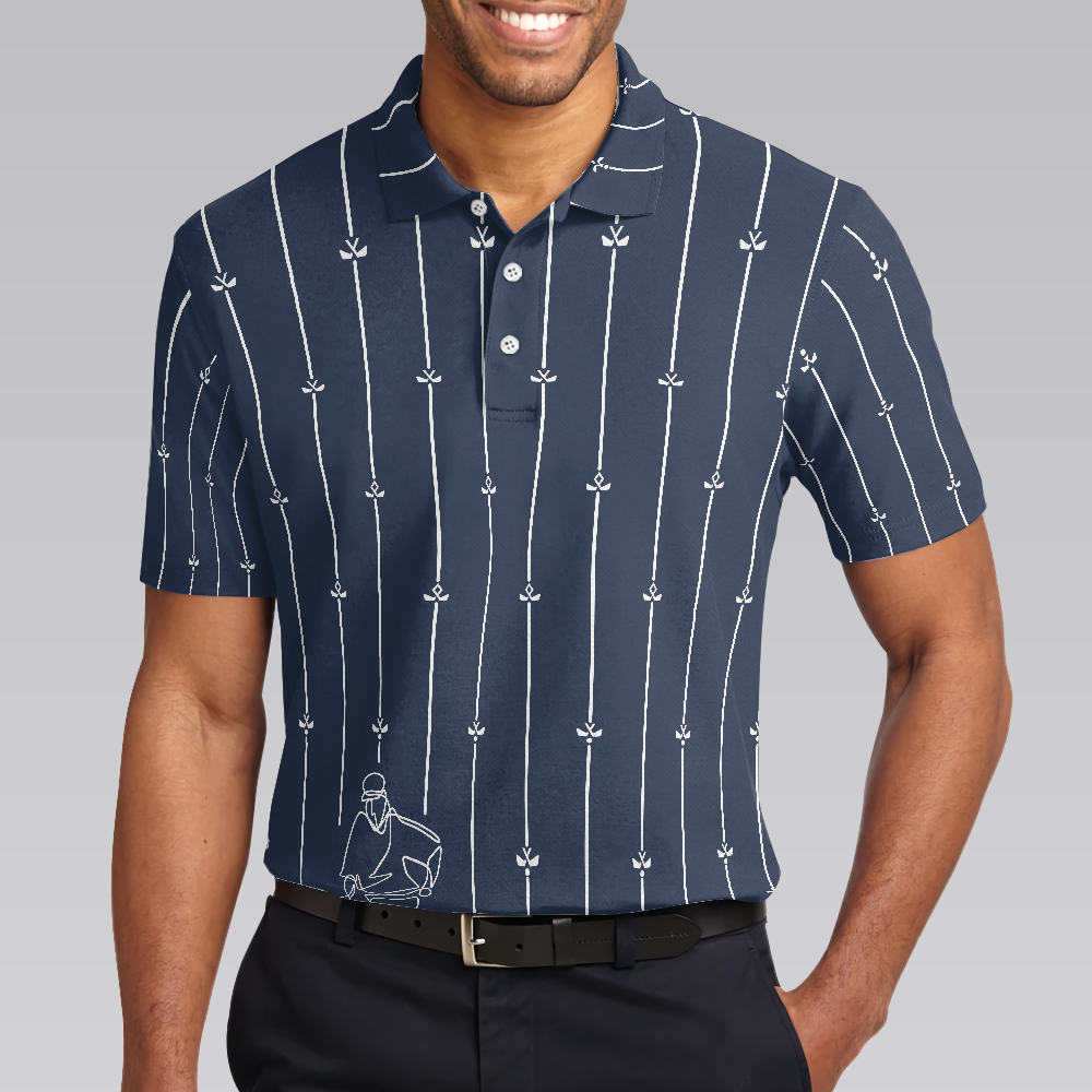 Vertical Stripe Golf Club Polo Shirt Black And White One Line Drawing Golfer Polo Shirt Unique Golf Shirt For Men - 5