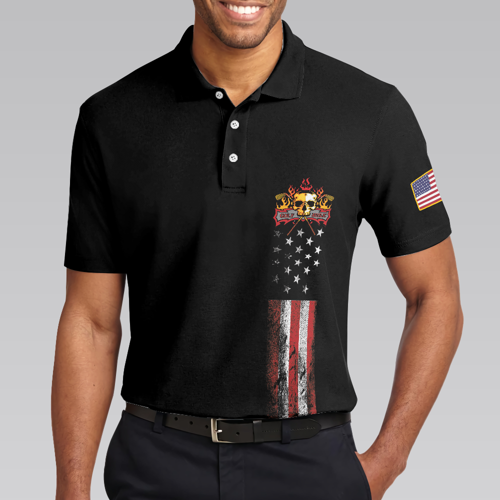 Golf Skull America Flag Short Sleeve Polo Shirt Wet Paint Black Polo Shirt Best Golf Shirt For Men - 4