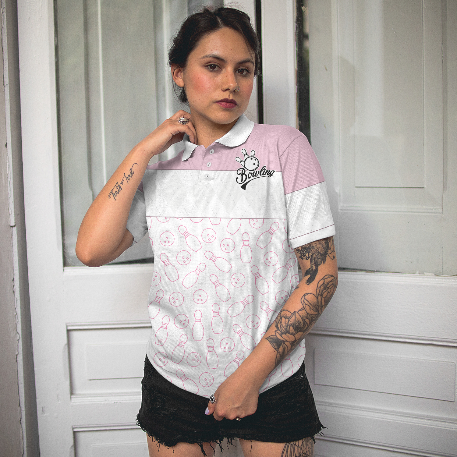 Pink Bowling Balls And Pins Pattern Bowling Short Sleeve Women Polo Shirt White Bowling Polo Shirt For Ladies - 5