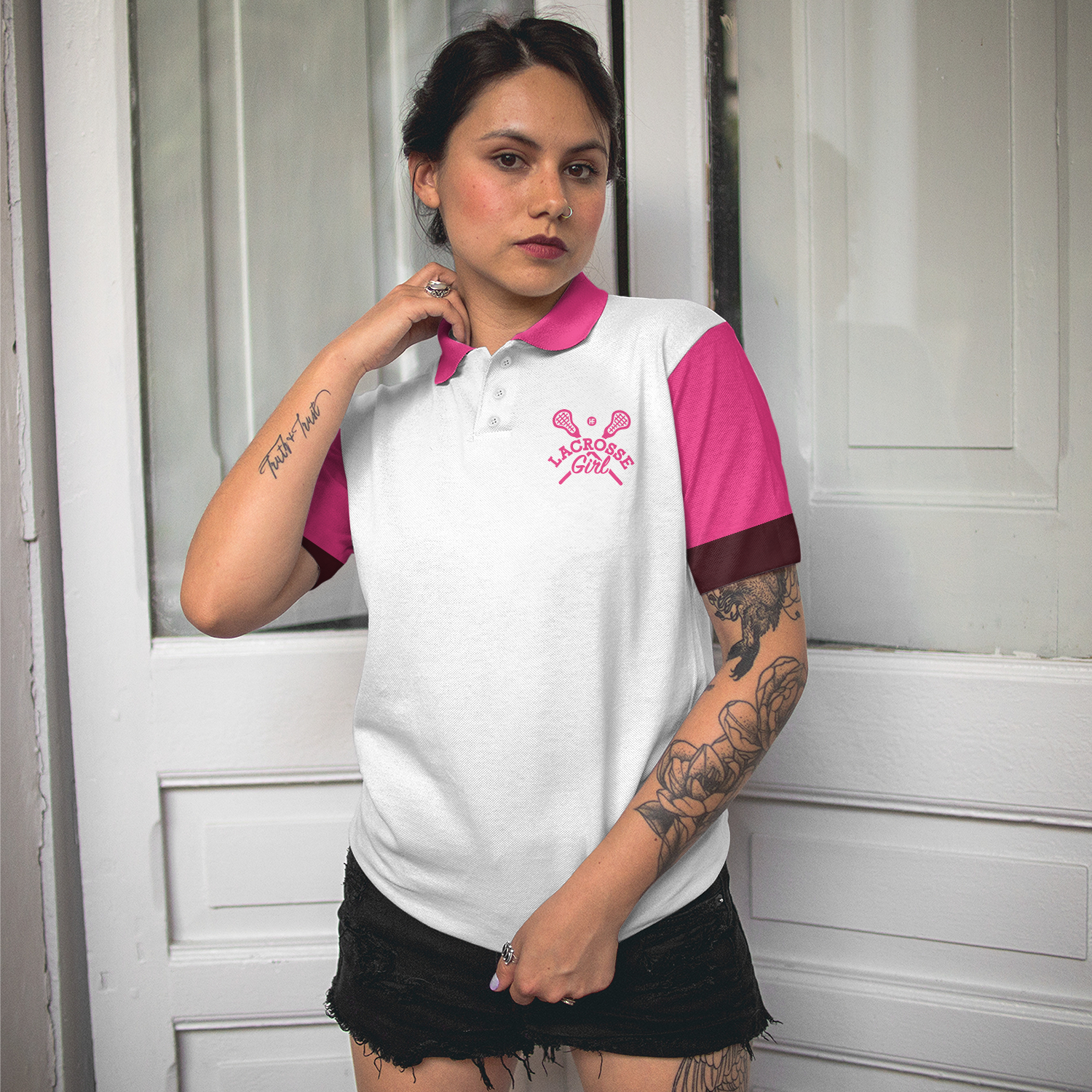 Dont Let Skirt Fool You Lacrosse Short Sleeve Women Polo Shirt White And Pink Lacrosse Shirt For Ladies - 6