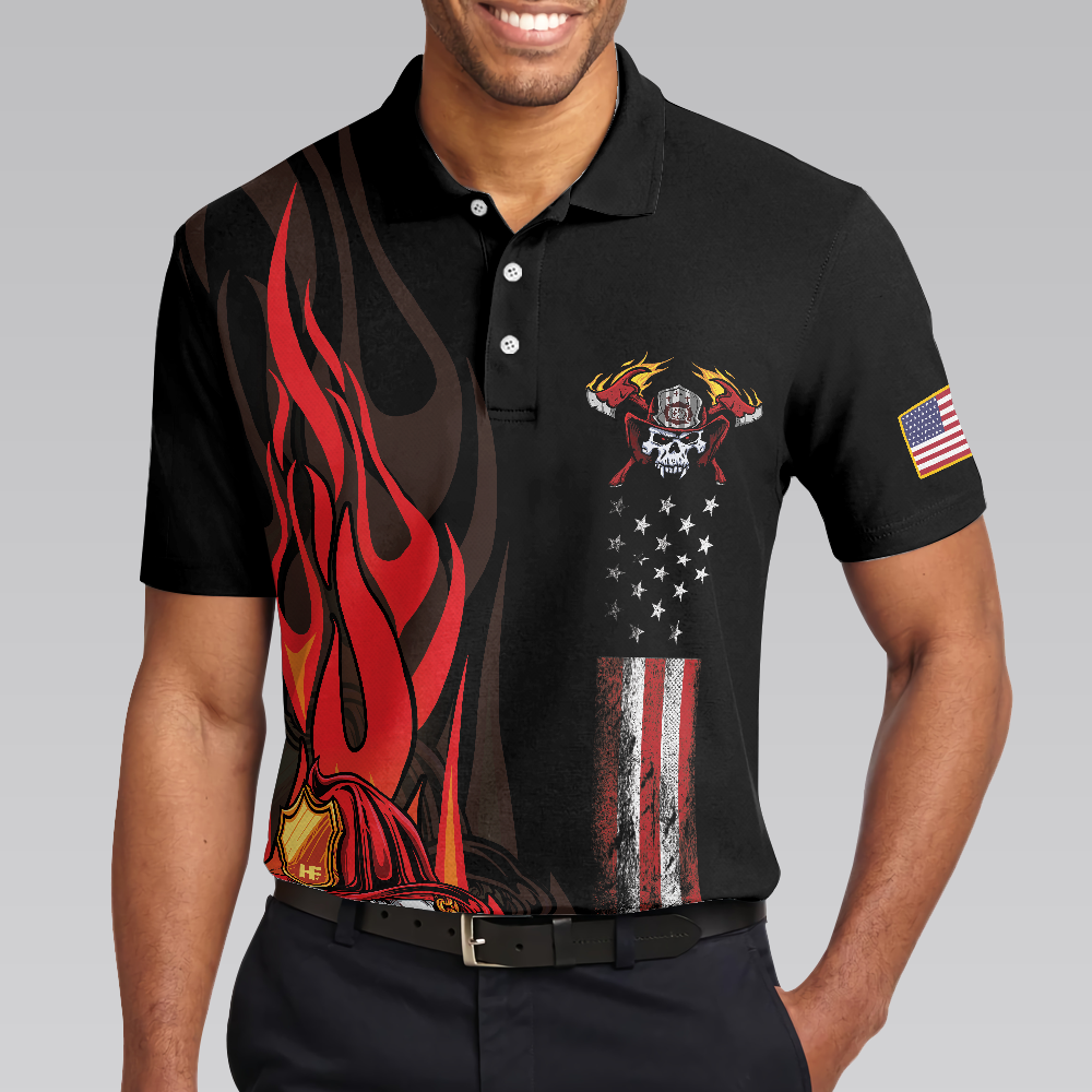 Firefighter Skull Flame Short Sleeve Polo Shirt First In Last Out American Flag Firefighter Shirt For Men - 4