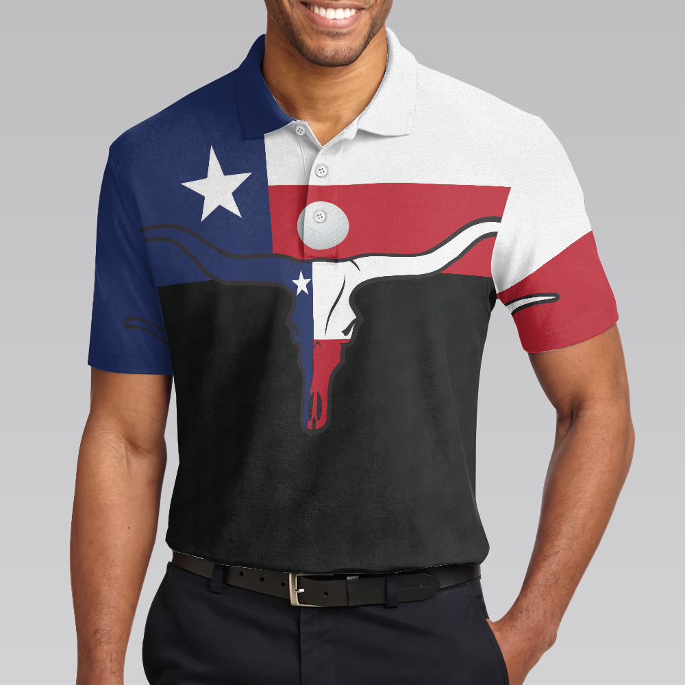 Golf Texas Longhorn Skull Polo Shirt Texas Flag Golf Shirt For Men Best Male Golf Gift Idea - 4