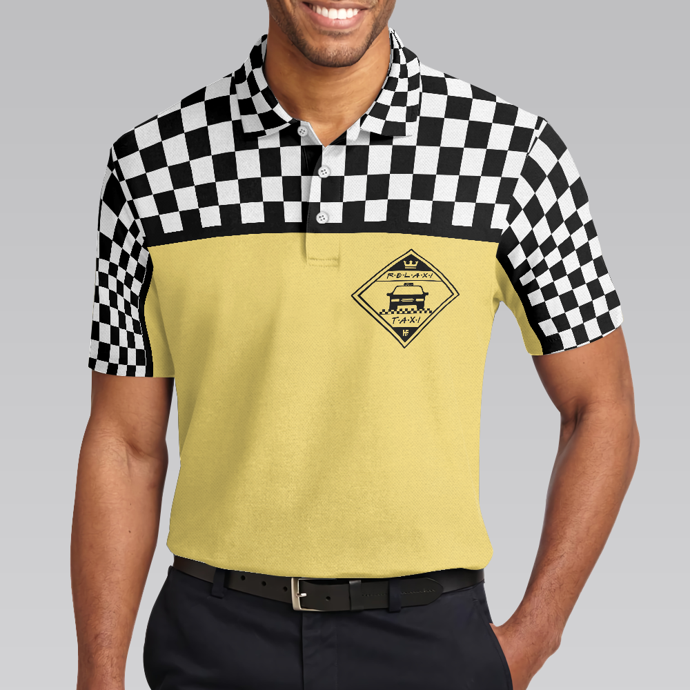 Relaxi Taxi Short Sleeve Polo Shirt Black And White Checker Pattern Yellow Taxi Shirt For Men - 5