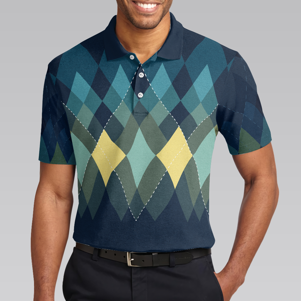 Dark Green Argyle Pattern Polo Shirt For Men - 5