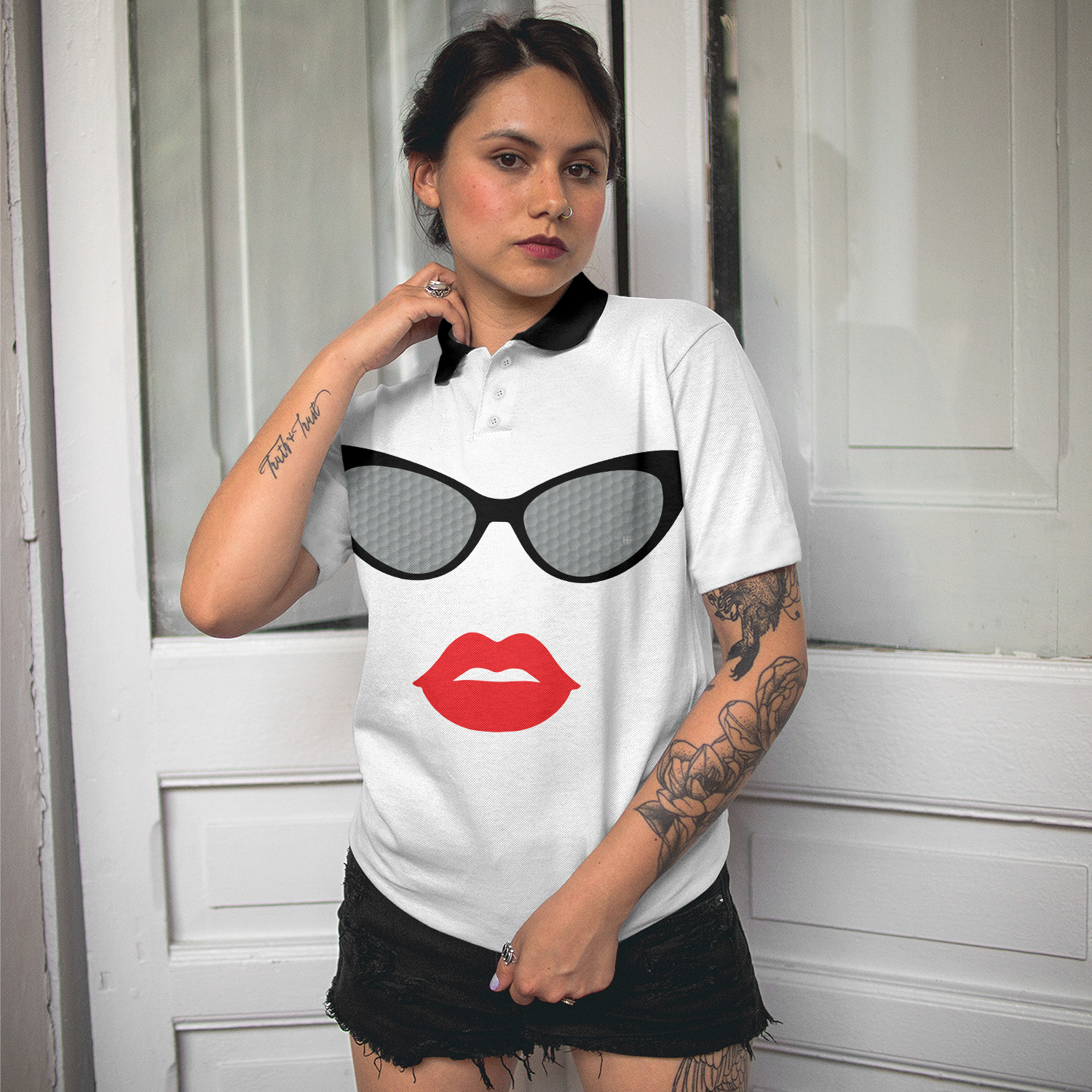 Sunglasses And Sexy Red Lips Golf Short Sleeve Women Polo Shirt Unique White Golf Shirt For Ladies - 5