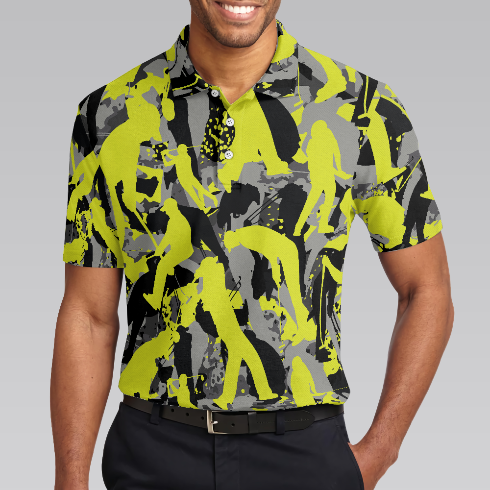 Golf Camo Light Green Pattern Golf Polo Shirt Yellow Silhouette Golfing Polo Shirt Camouflage Golf Shirt For Men - 4