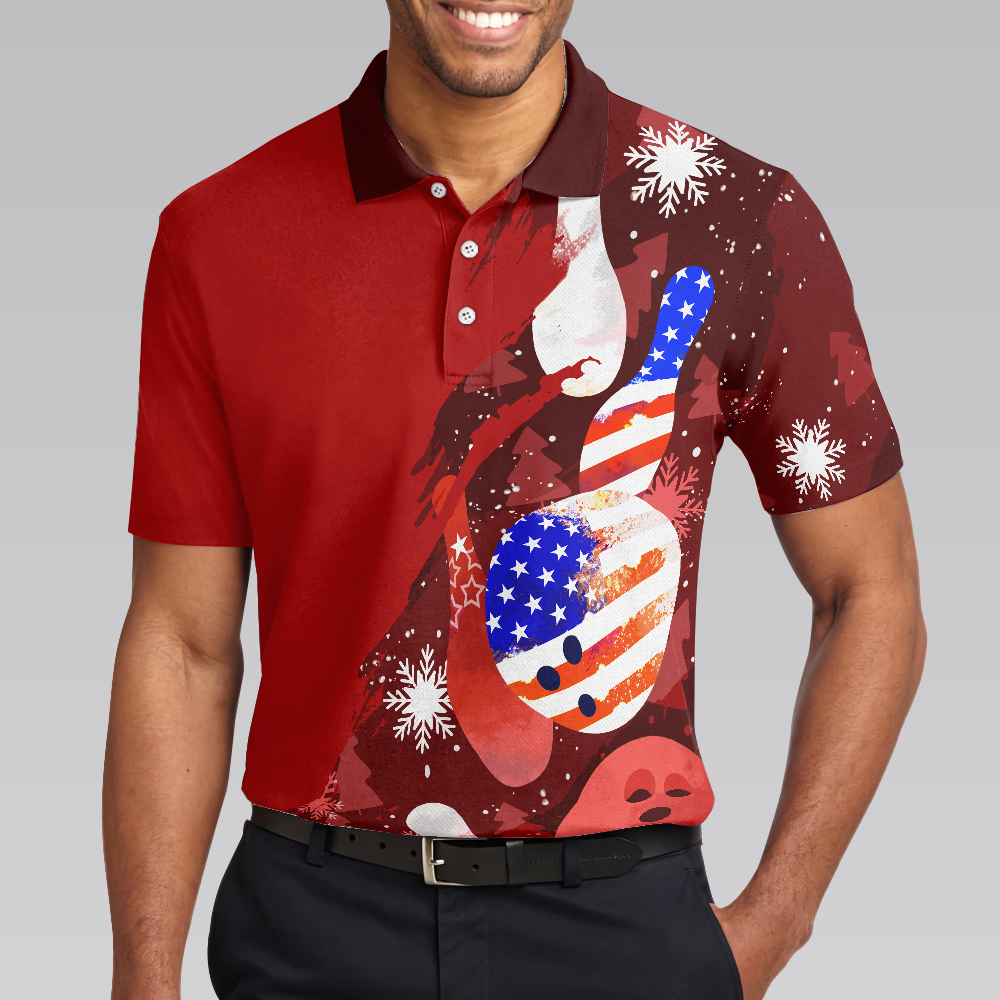 American Flag Christmas Bowling Ball and Pins Mens Polo Shirts - 5
