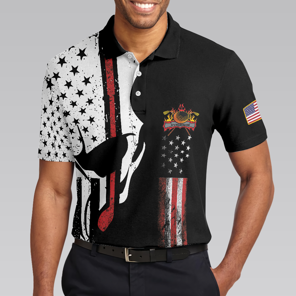 Skull American Flag With Golf Club Polo Shirt Black And White American Flag Polo Shirt Patriotic Golf Shirt For Men - 4