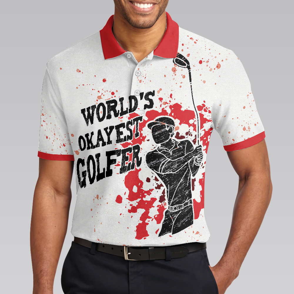 Worlds Okayest Golfer Golf Polo Shirt Red Paint Splash Black Golfer Silhouette Polo Shirt Best Golf Shirt For Men - 5