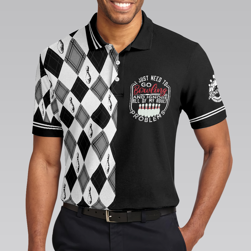 I Just Need To Go Bowling Polo Shirt Black And White Argyle Pattern Polo Shirt Best Bowling Shirt For Men - 4