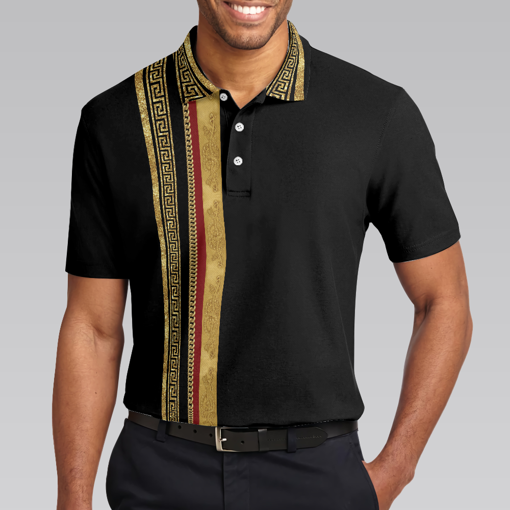 Luxury Baroque Pattern Eagle Badge Golf Polo Shirt Golden Greek Key Pattern Polo Shirt Best Golf Shirt For Men - 4