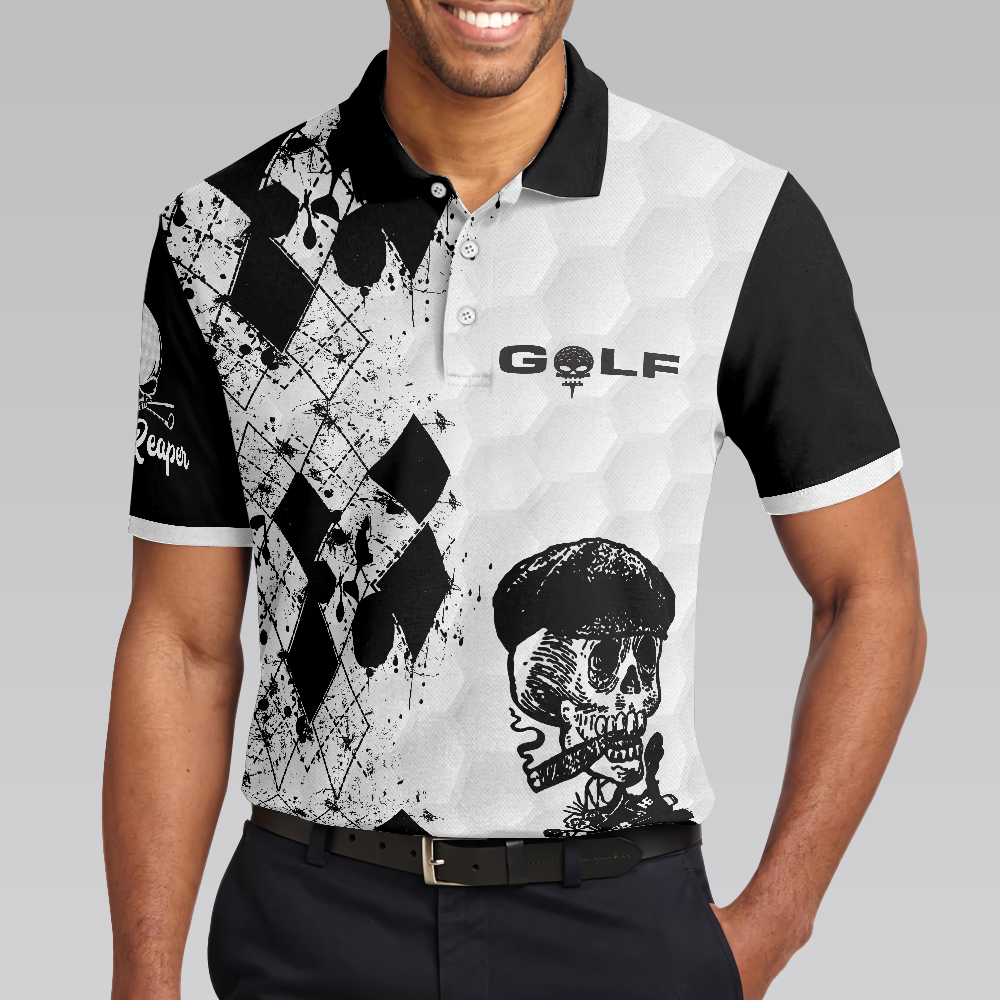 Skull Golf Reaper Polo Shirt Black And White Argyle Pattern Polo Shirt Best Golf Shirt For Men - 5