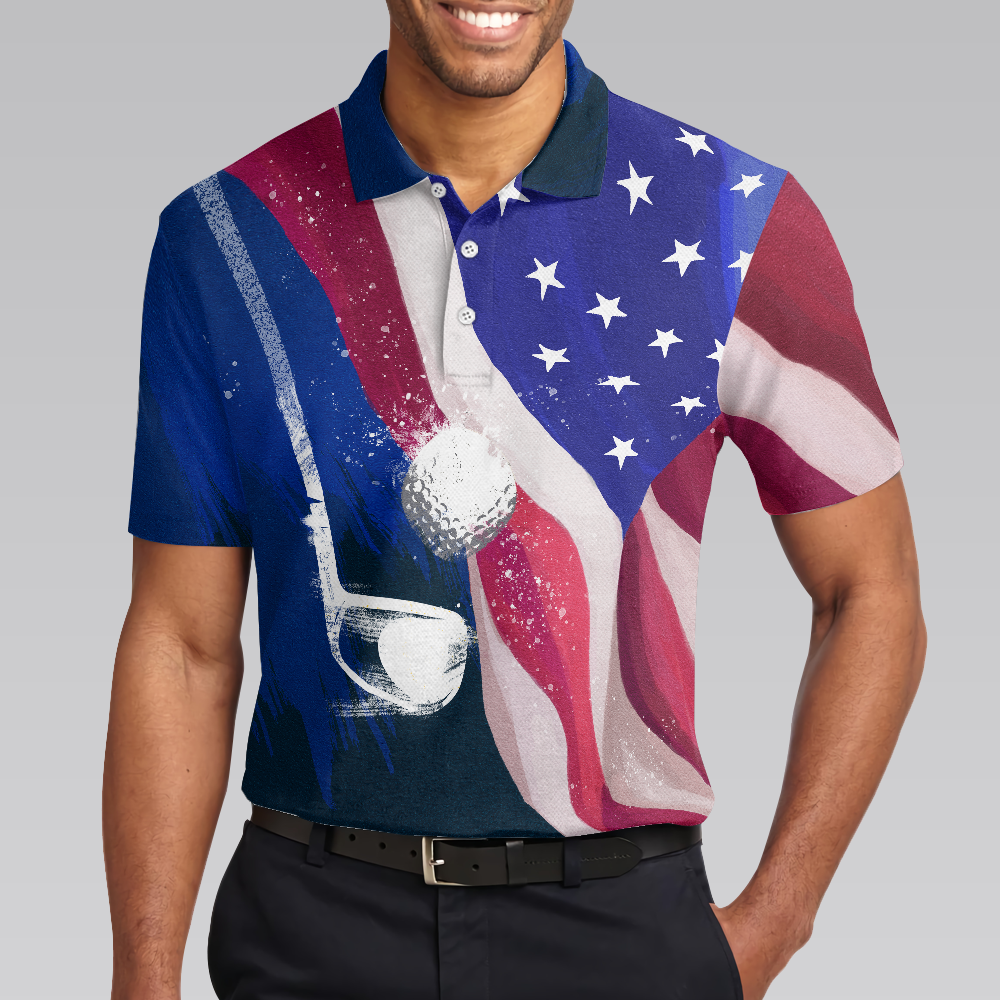 Watercolor Golf American Flag Men Polo Shirt - 5