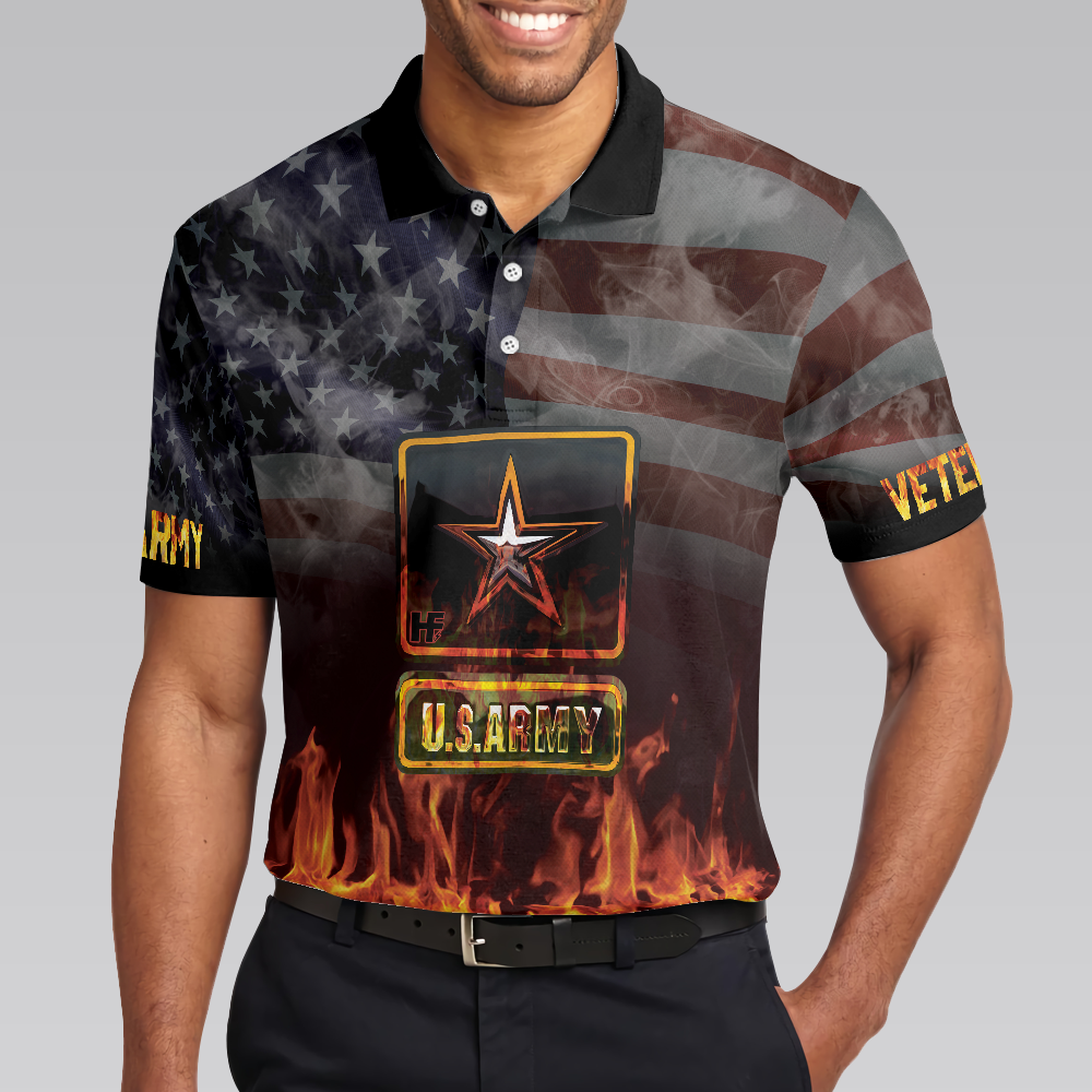 US Army Veteran And Flame Polo Shirt American Flag Veteran Shirt For Retired Veterans Flame Veteran Shirt - 4