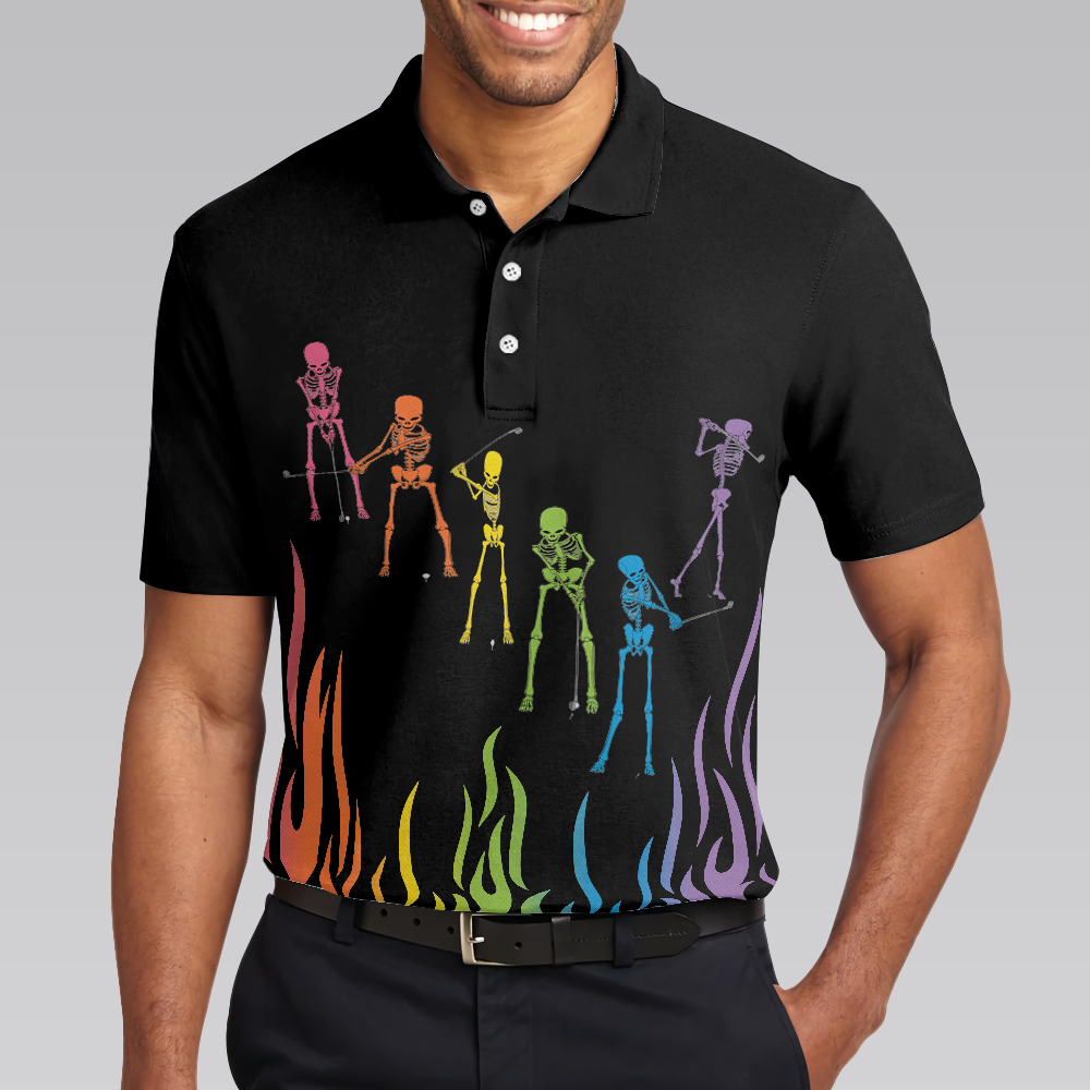 Skeleton Playing Golf Polo Shirt Rainbow Pallette Fire Golfing Polo Shirt Cool Golf Shirt For Men - 4