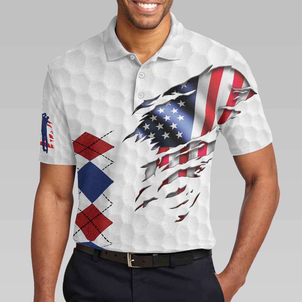 Golf American Flag Argyle Polo Shirt White Golf Texture American Flag Polo Shirt Patriotic Golf Shirt For Men - 4