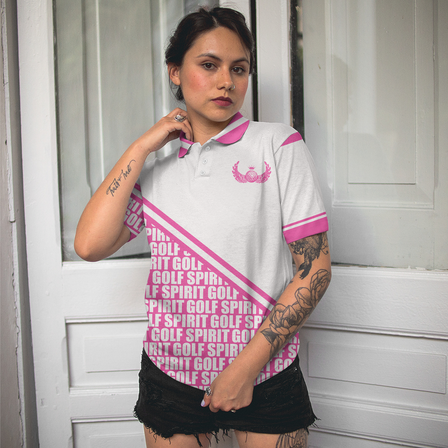 Golf Spirit In Pink Golf Short Sleeve Women Polo Shirt White And Pink Golf Shirt For Ladies Unique Female Golf Gift - 4