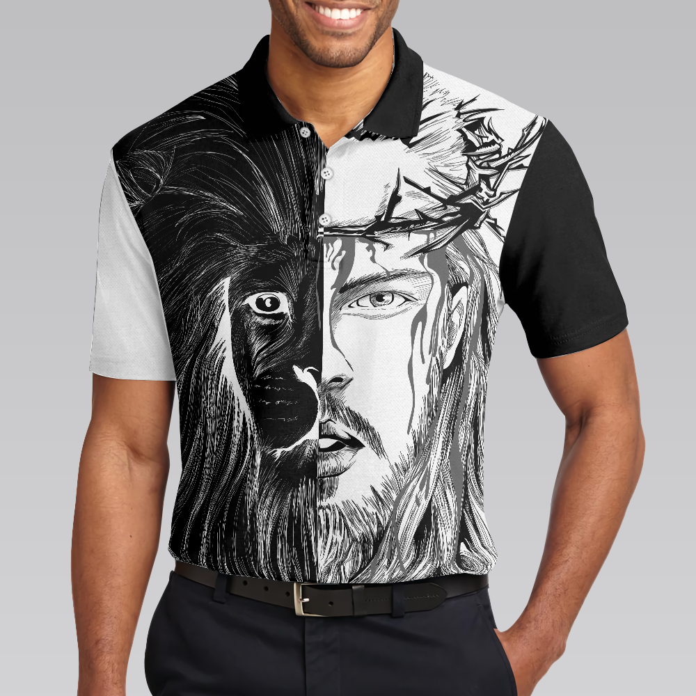 Jesus Christ Lion Contrast Art Christian Polo Shirt Black And White Christian Shirt For Men - 4