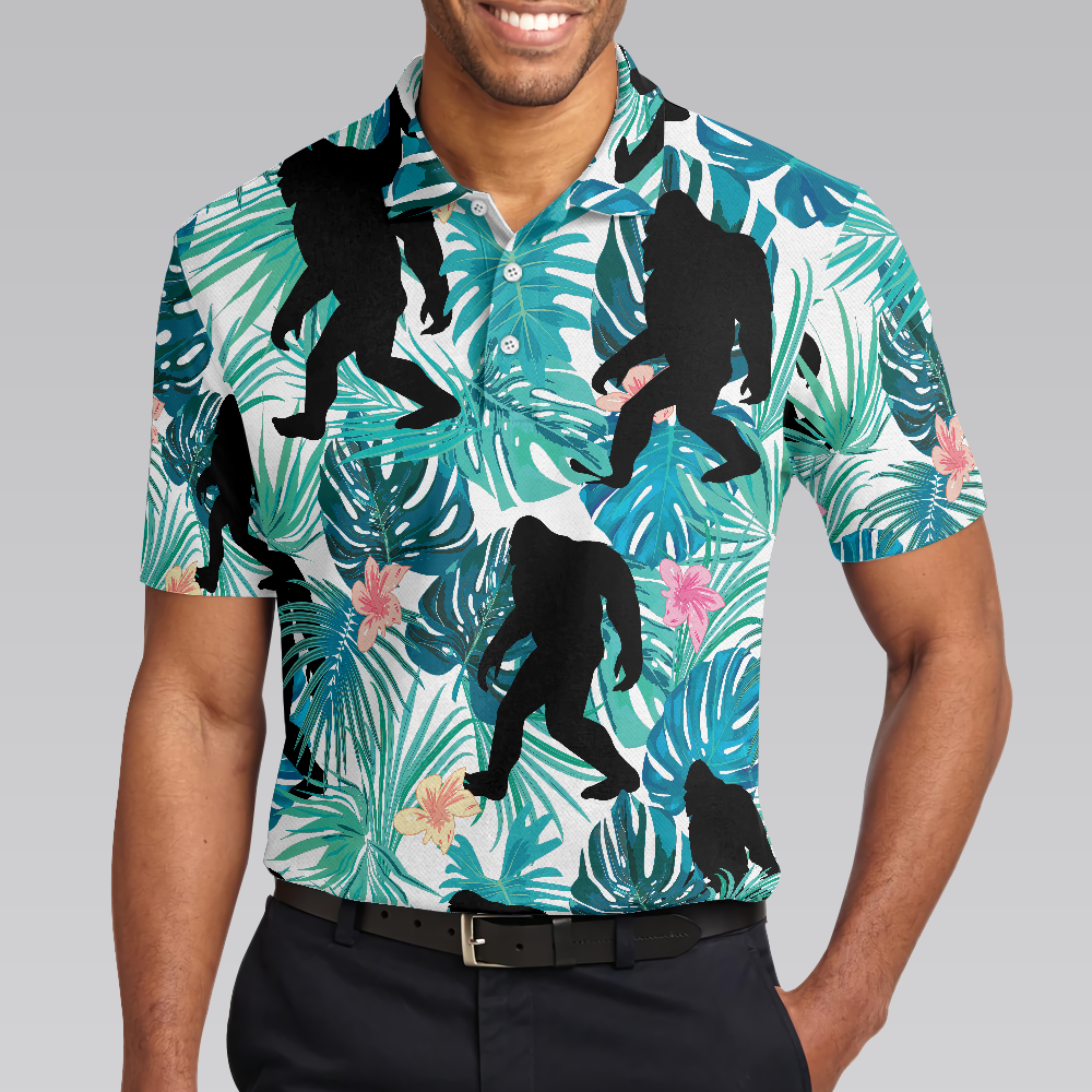 Bigfoot Tropical Short Sleeve Polo Shirt Floral And Leaves Polo Shirt Best Bigfoot Shirt For Men - 4