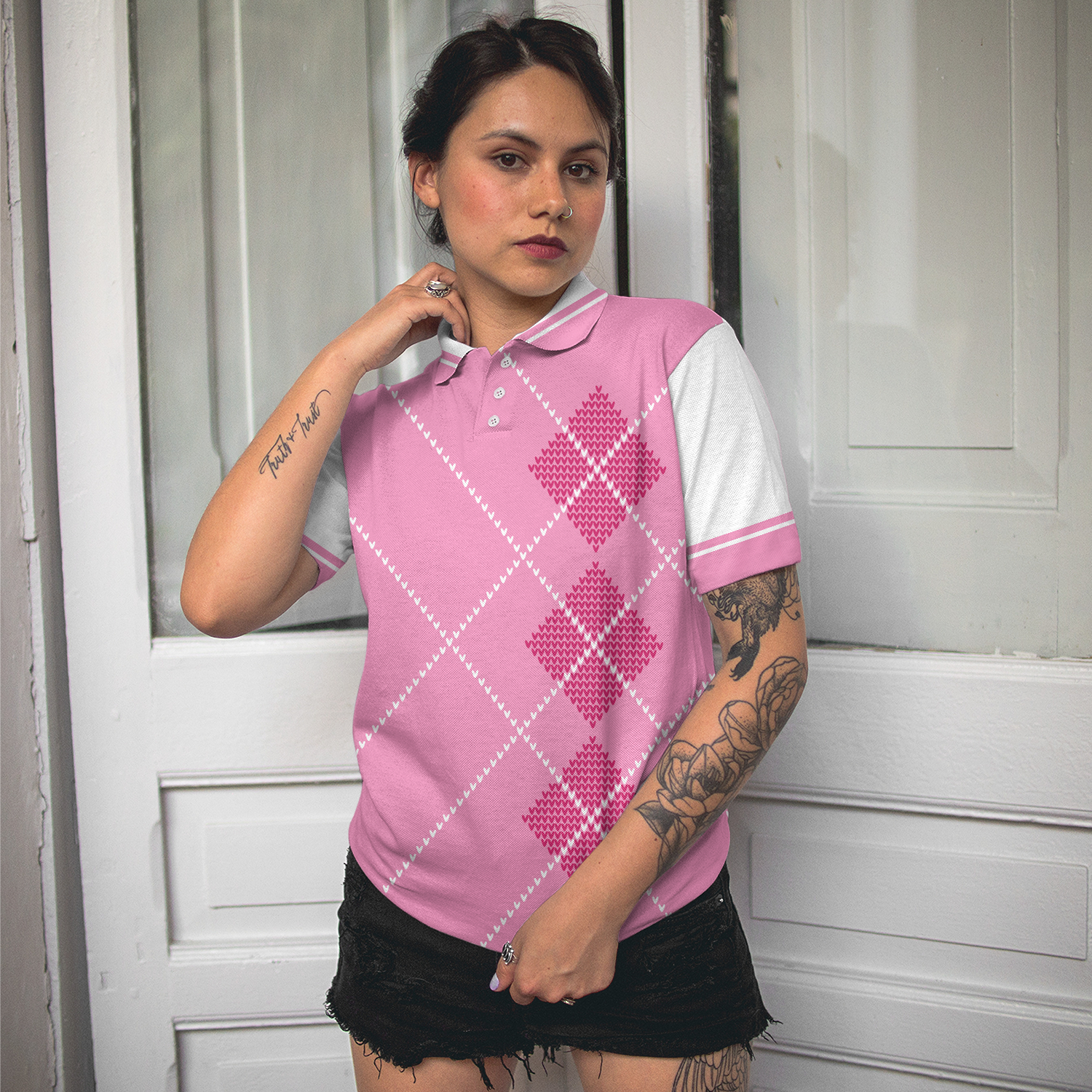 Eat Sleep Golf Repeat Golf Short Sleeve Women Polo Shirt Pink Argyle Golf Shirt For Ladies - 5