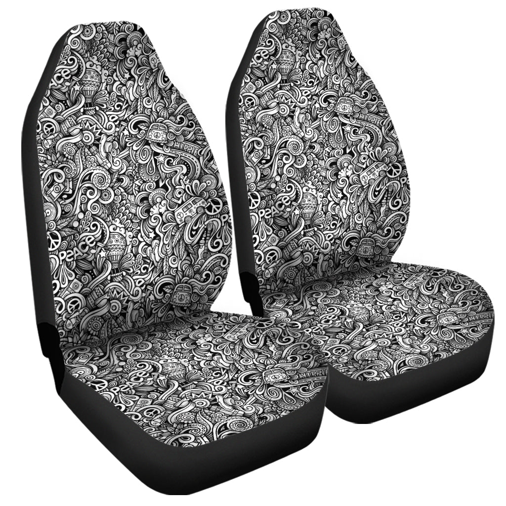 Monochrome Graffiti Hippie Pattern Print Universal Fit Car Seat Covers