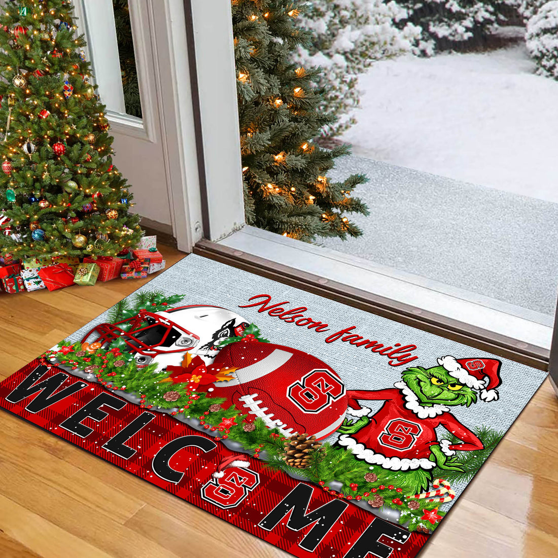 NC State Wolfpack Football Team Doormat Personalized Your Family Name, Sport And Grinch Doormat, Football Lovers Gifts, Home Decorations ETHY-53152