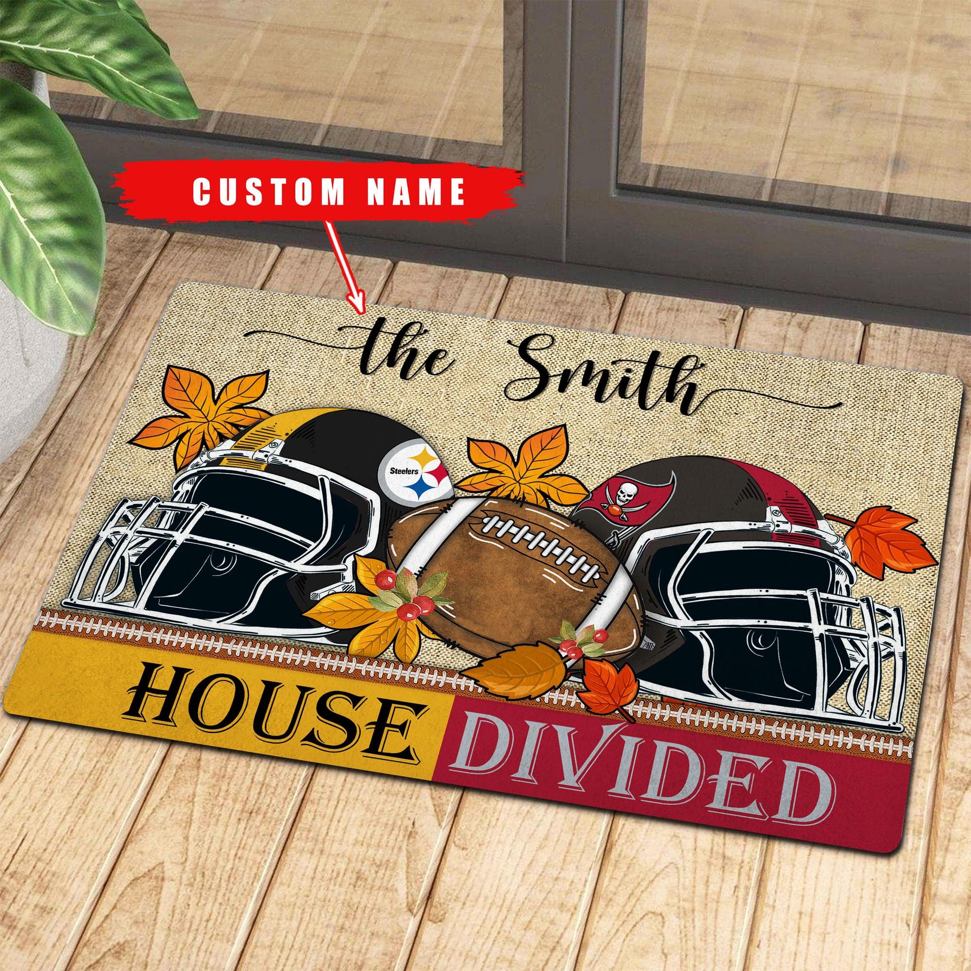 NCAA00-Welcome Fall Football House Divided Doormat - Custom name