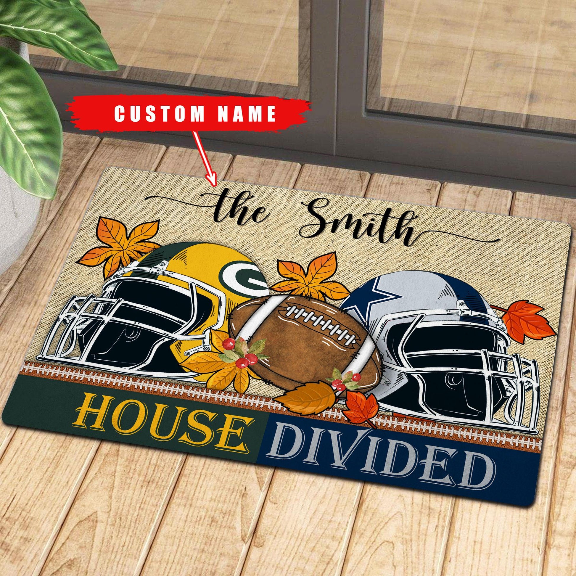 NCAA00-Welcome Fall Football House Divided Doormat - Custom name