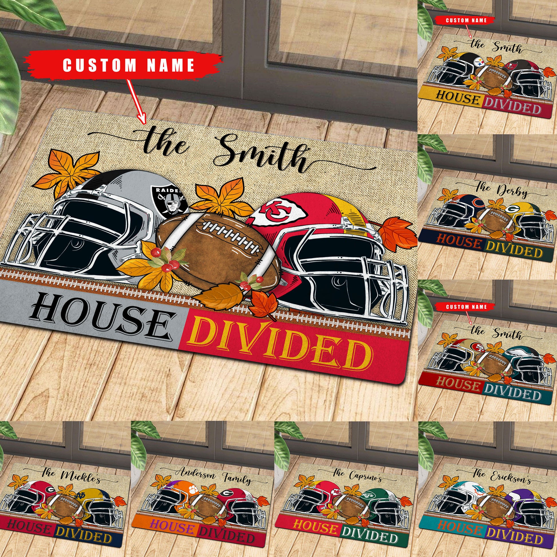 NCAA00-Welcome Fall Football House Divided Doormat - Custom name