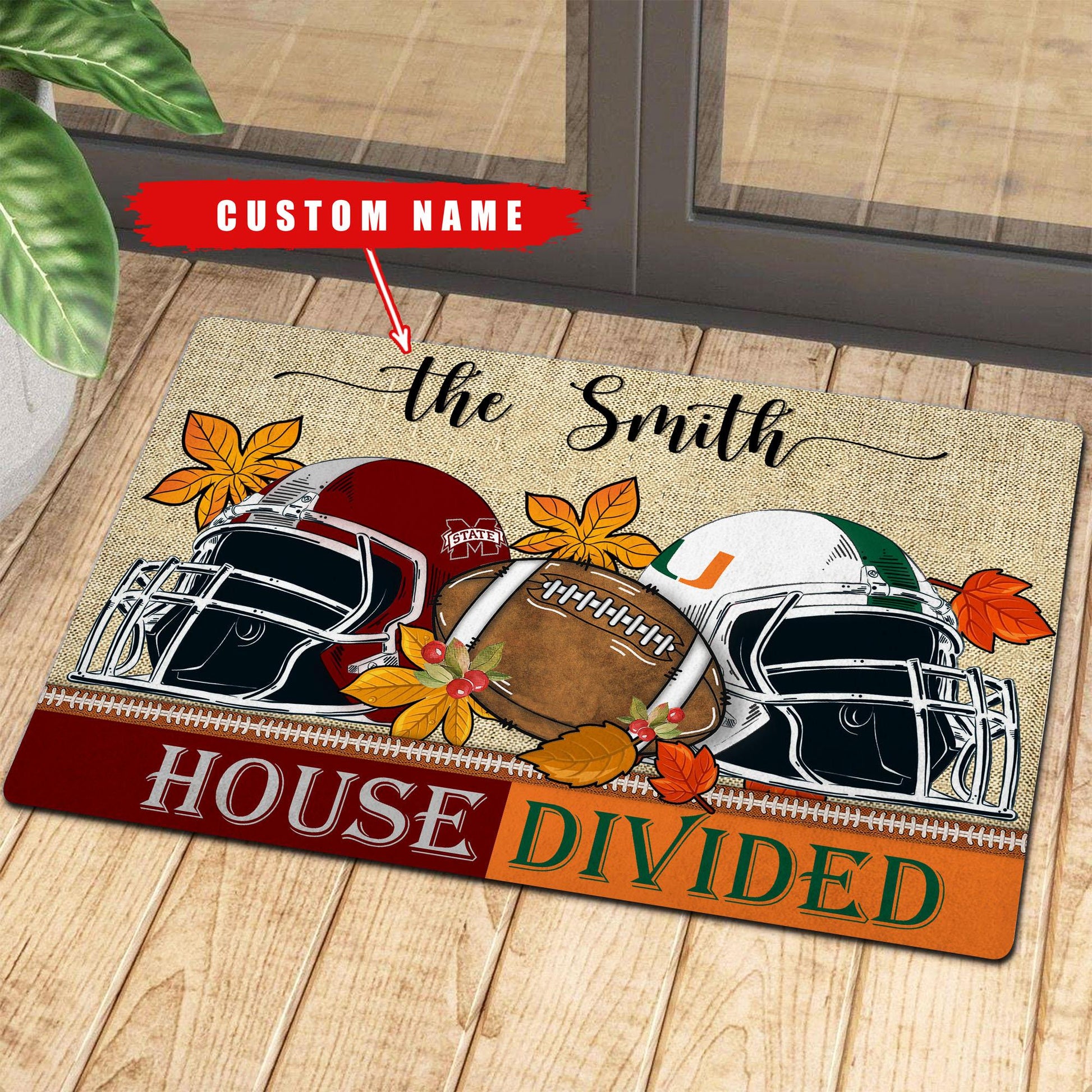 NCAA00-Welcome Fall Football House Divided Doormat - Custom name