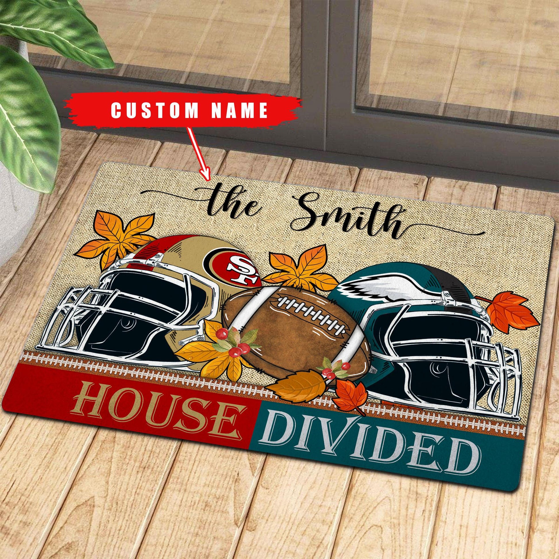 NCAA00-Welcome Fall Football House Divided Doormat - Custom name