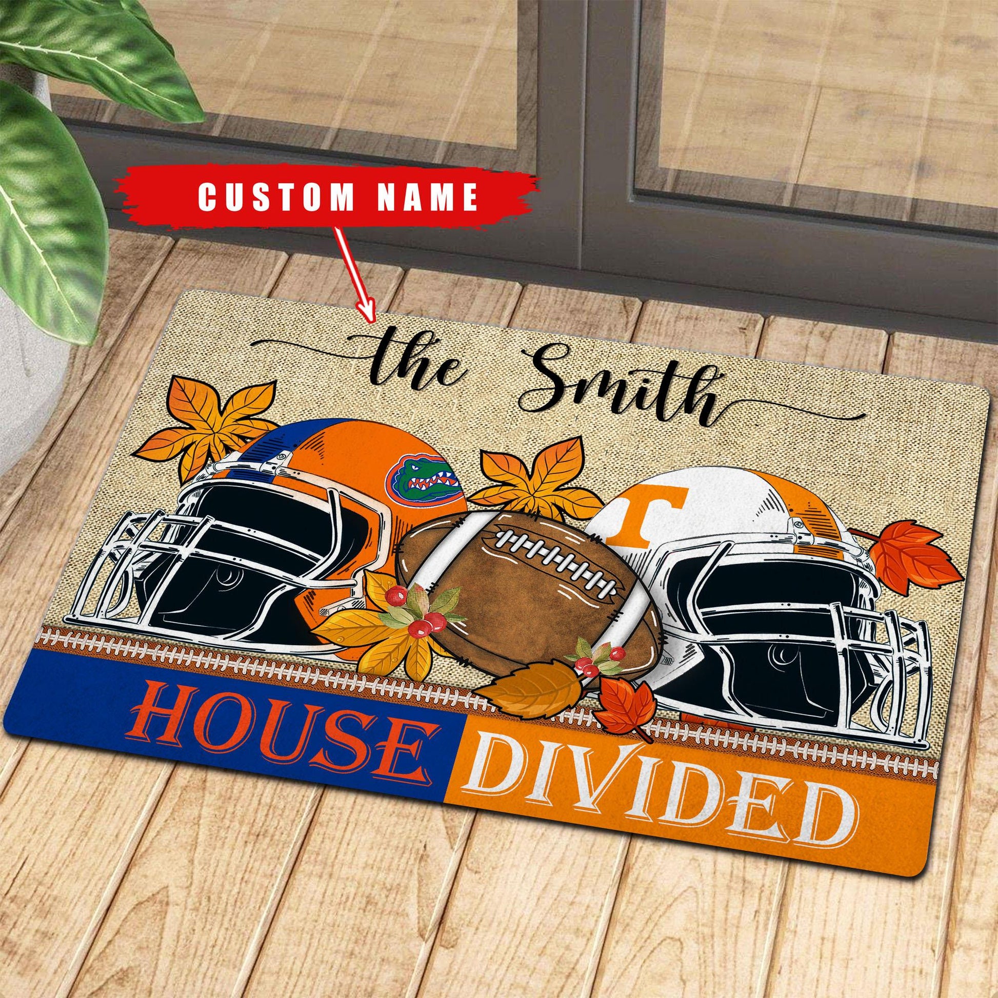 NCAA00-Welcome Fall Football House Divided Doormat - Custom name