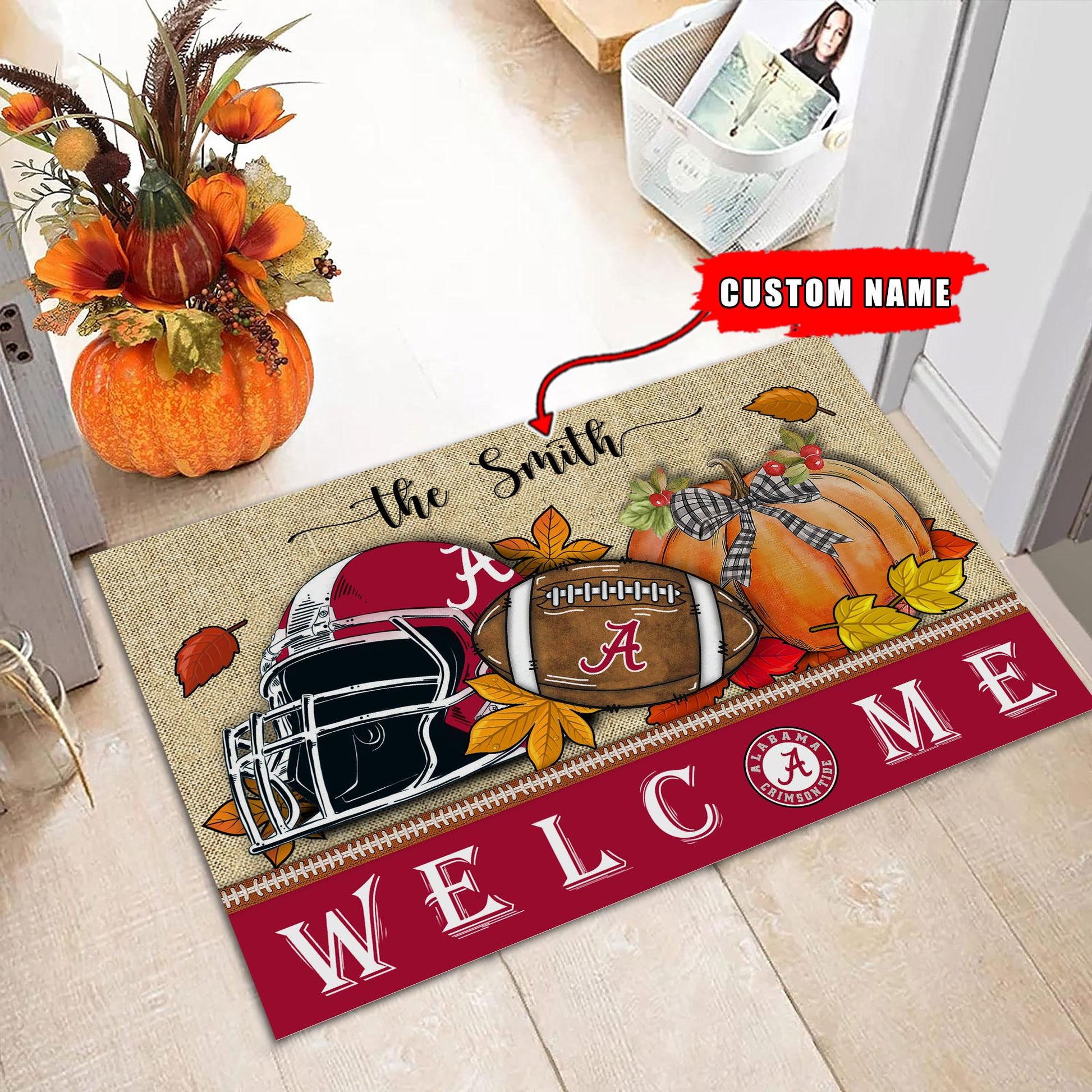 NCAA01-Alabama Crimson Tide Welcome Fall Football Doormat - Custom name