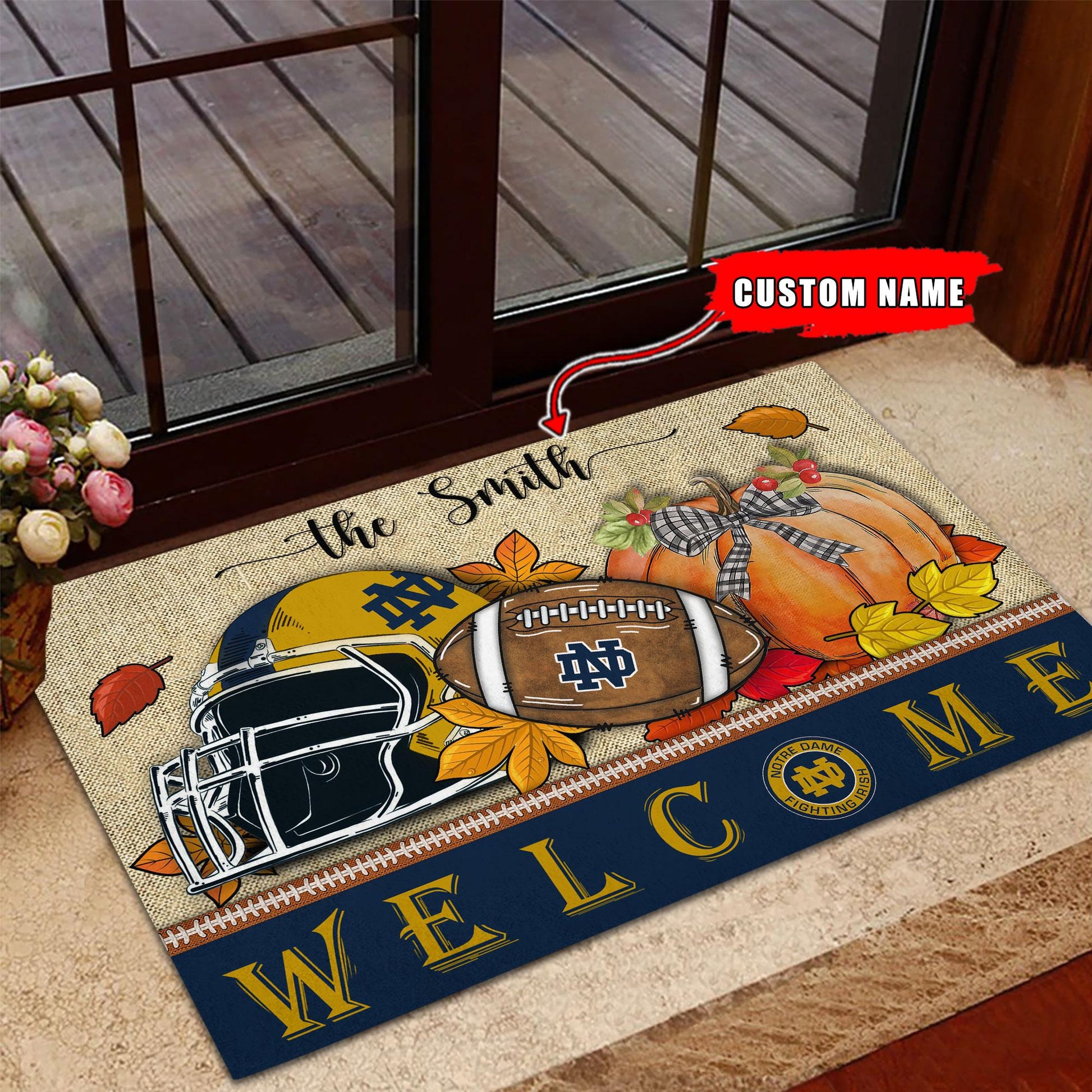 NCAA02-Notre Dame Fighting Irish Welcome Fall Football Doormat - Custom name