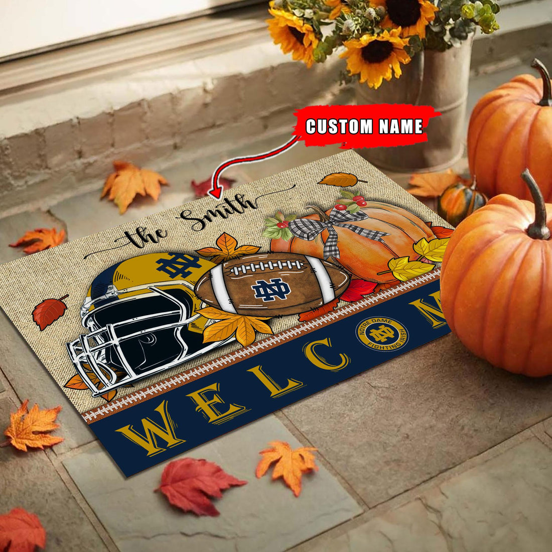 NCAA02-Notre Dame Fighting Irish Welcome Fall Football Doormat - Custom name