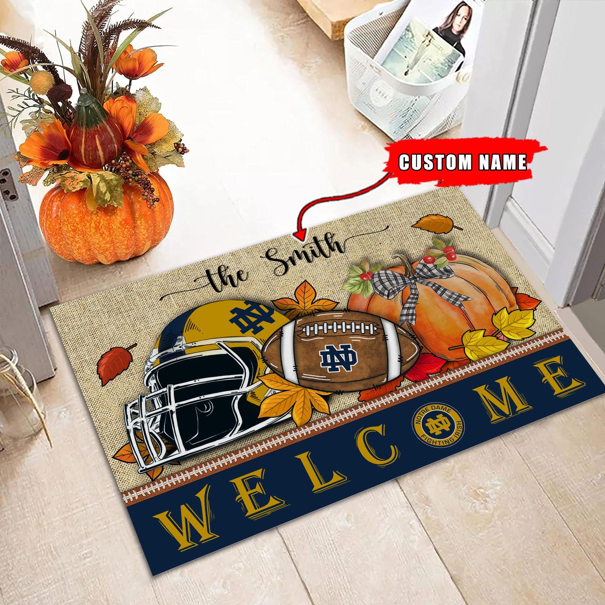 NCAA02-Notre Dame Fighting Irish Welcome Fall Football Doormat - Custom name