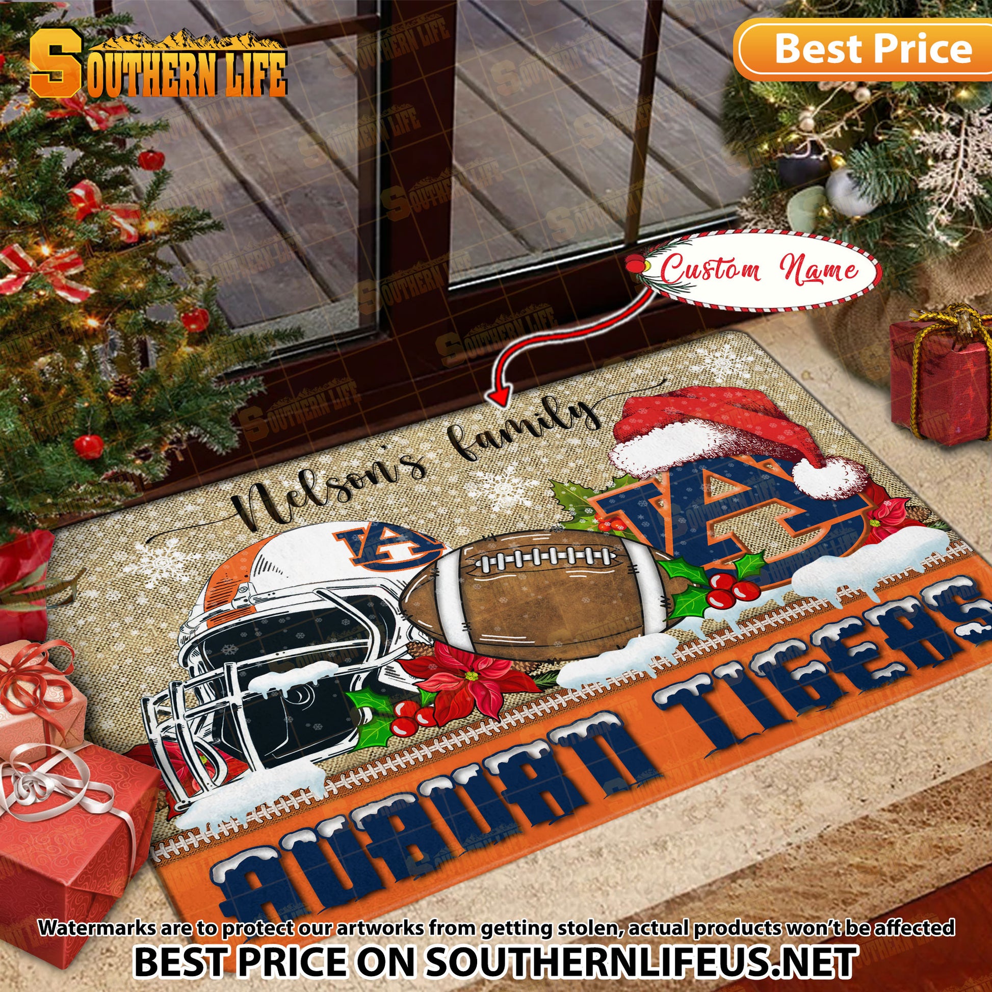 NCAA03-Auburn Tigers Football X-Mas Doormat - Custom name