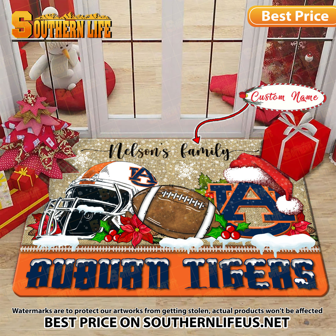 NCAA03-Auburn Tigers Football X-Mas Doormat - Custom name