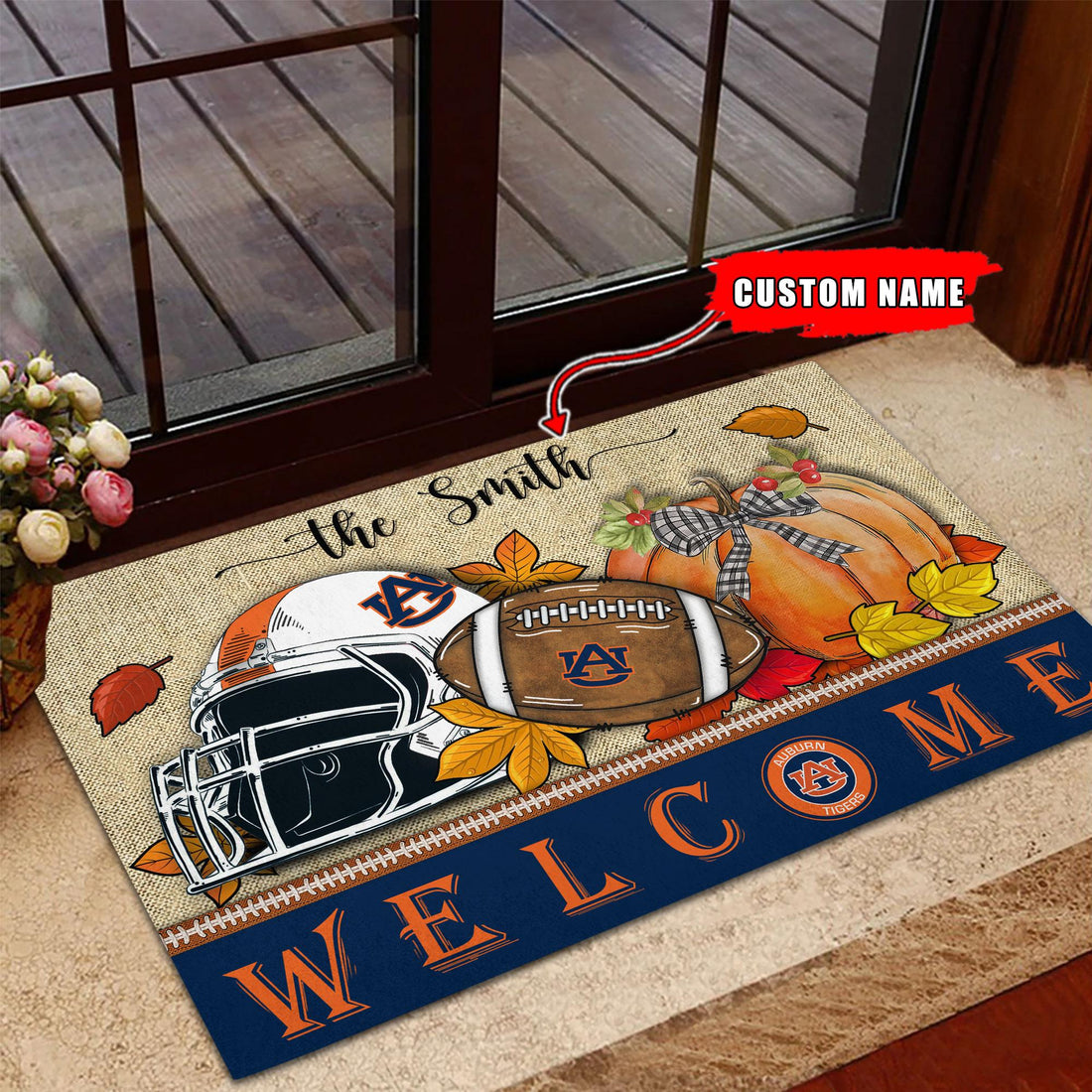 NCAA03-Auburn Tigers Welcome Fall Football Doormat - Custom name