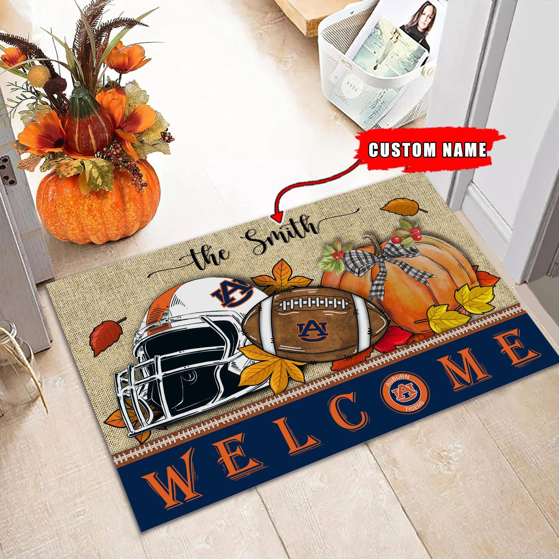 NCAA03-Auburn Tigers Welcome Fall Football Doormat - Custom name