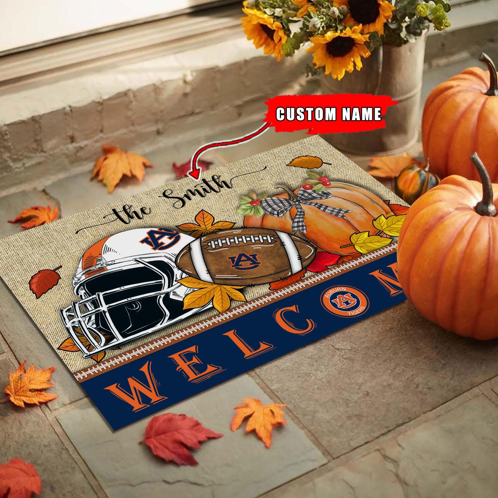 NCAA03-Auburn Tigers Welcome Fall Football Doormat - Custom name
