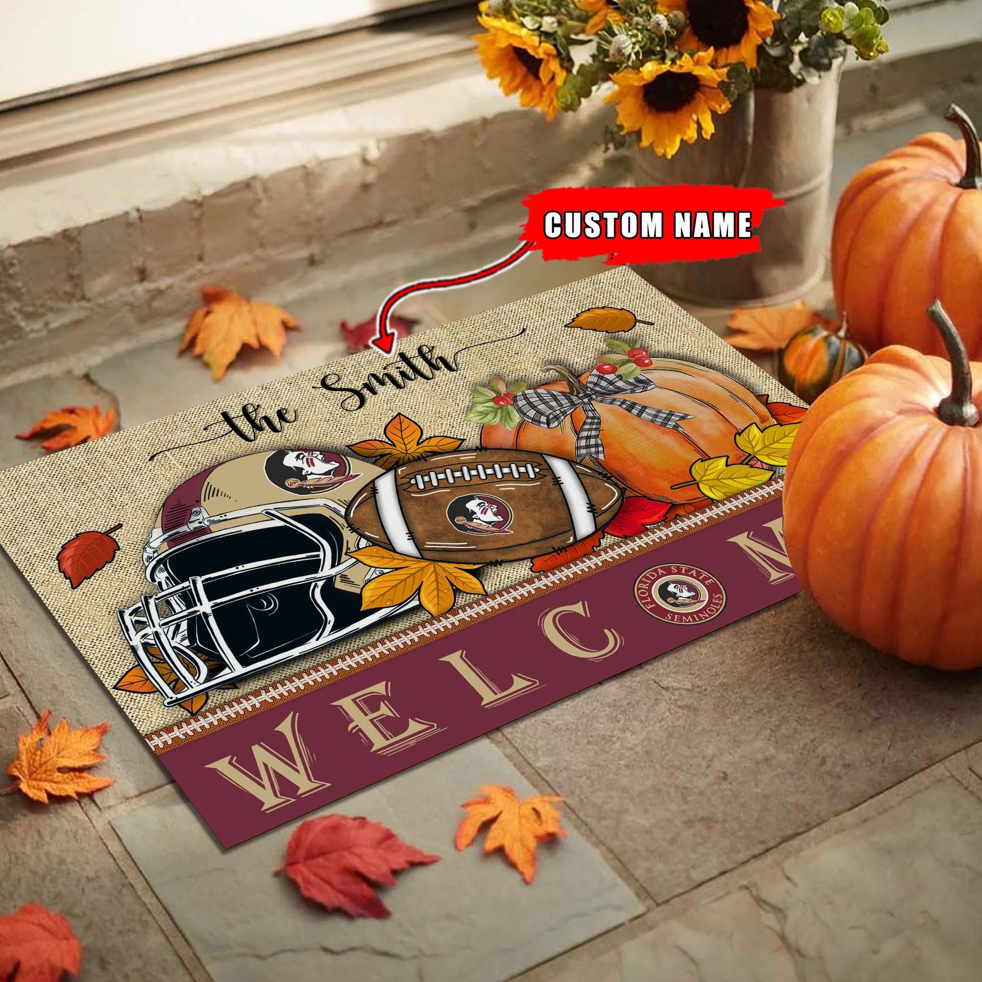 NCAA07-Florida State Seminoles Welcome Fall Football Doormat - Custom name