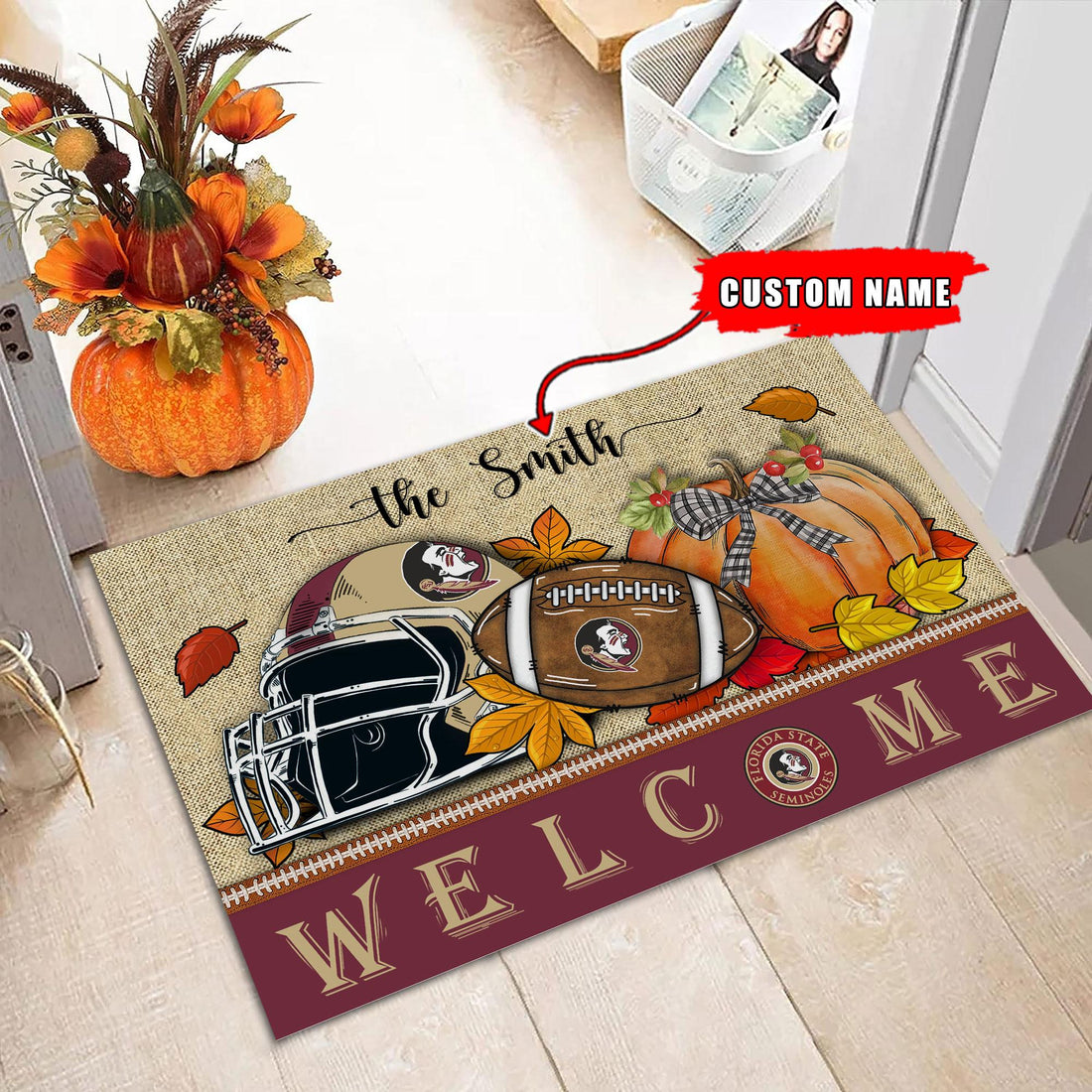 NCAA07-Florida State Seminoles Welcome Fall Football Doormat - Custom name