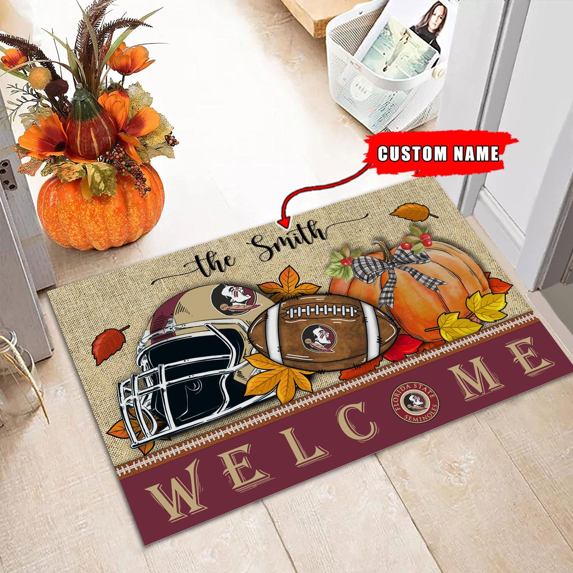 NCAA07-Florida State Seminoles Welcome Fall Football Doormat - Custom name