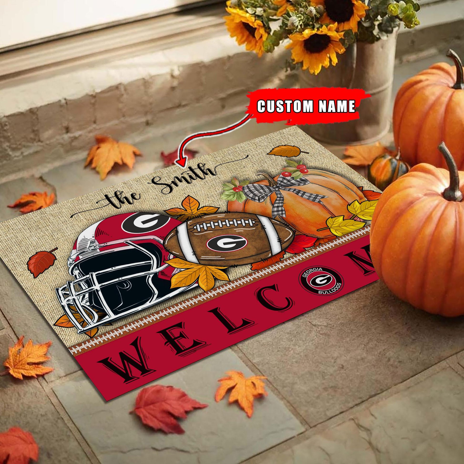 NCAA08-Georgia Bulldogs Welcome Fall Football Doormat - Custom name