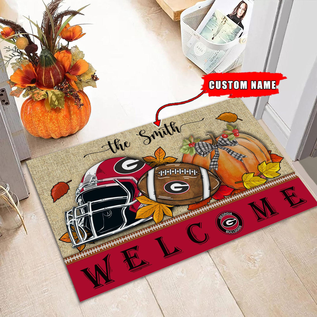 NCAA08-Georgia Bulldogs Welcome Fall Football Doormat - Custom name