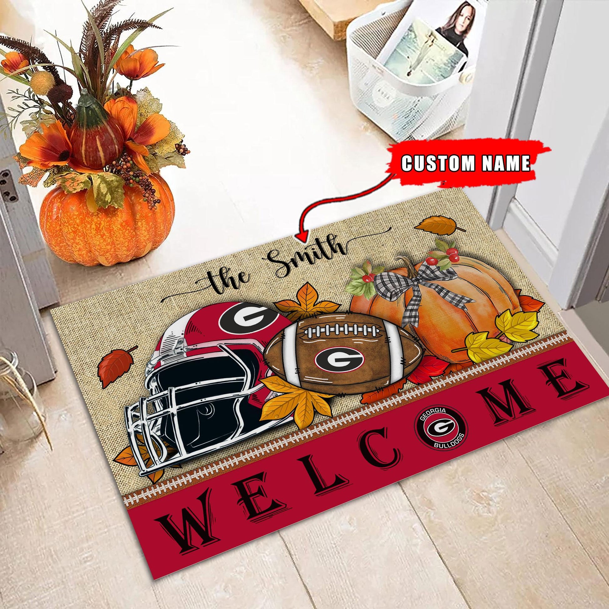 NCAA08-Georgia Bulldogs Welcome Fall Football Doormat - Custom name