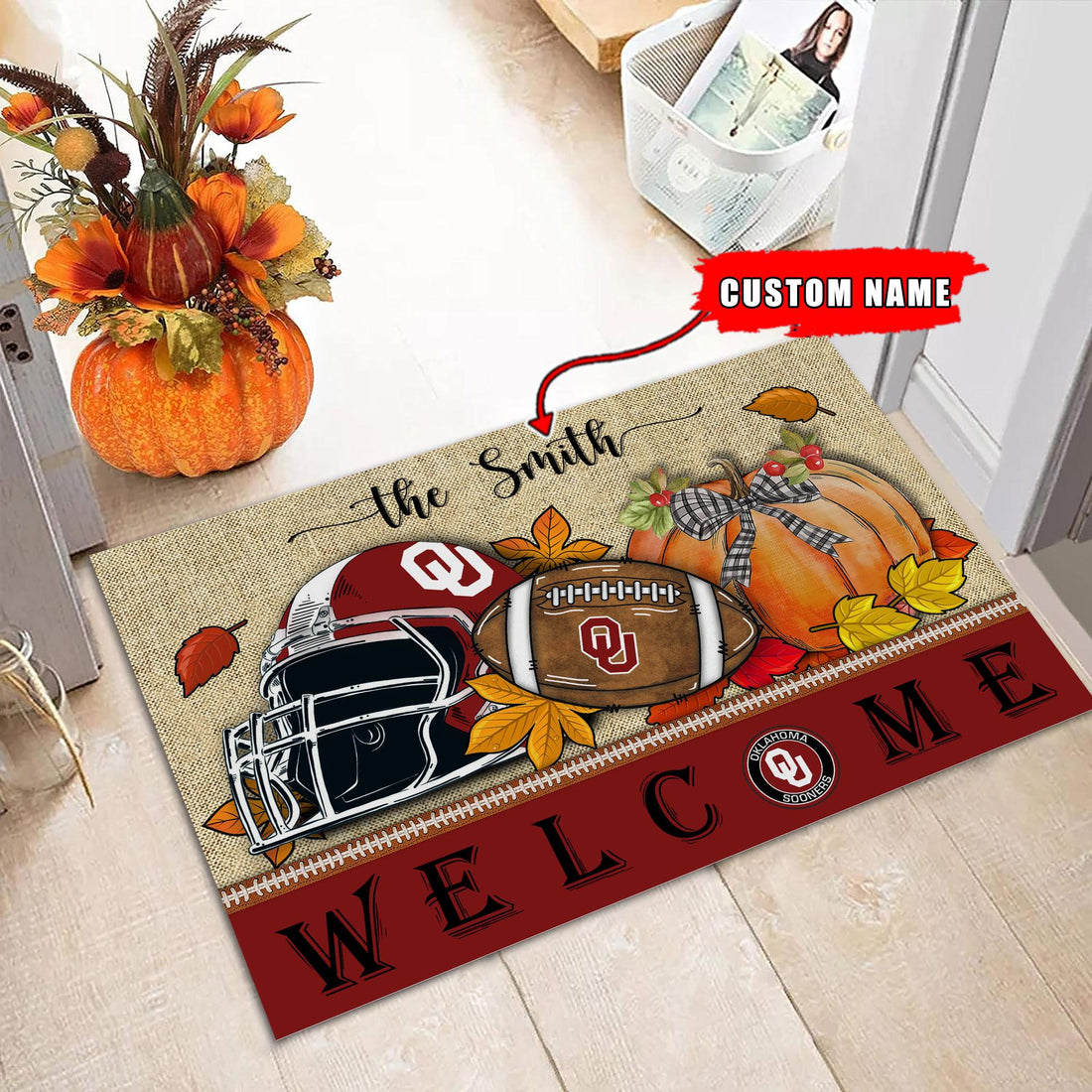 NCAA10-Oklahoma Sooners Welcome Fall Football Doormat - Custom name