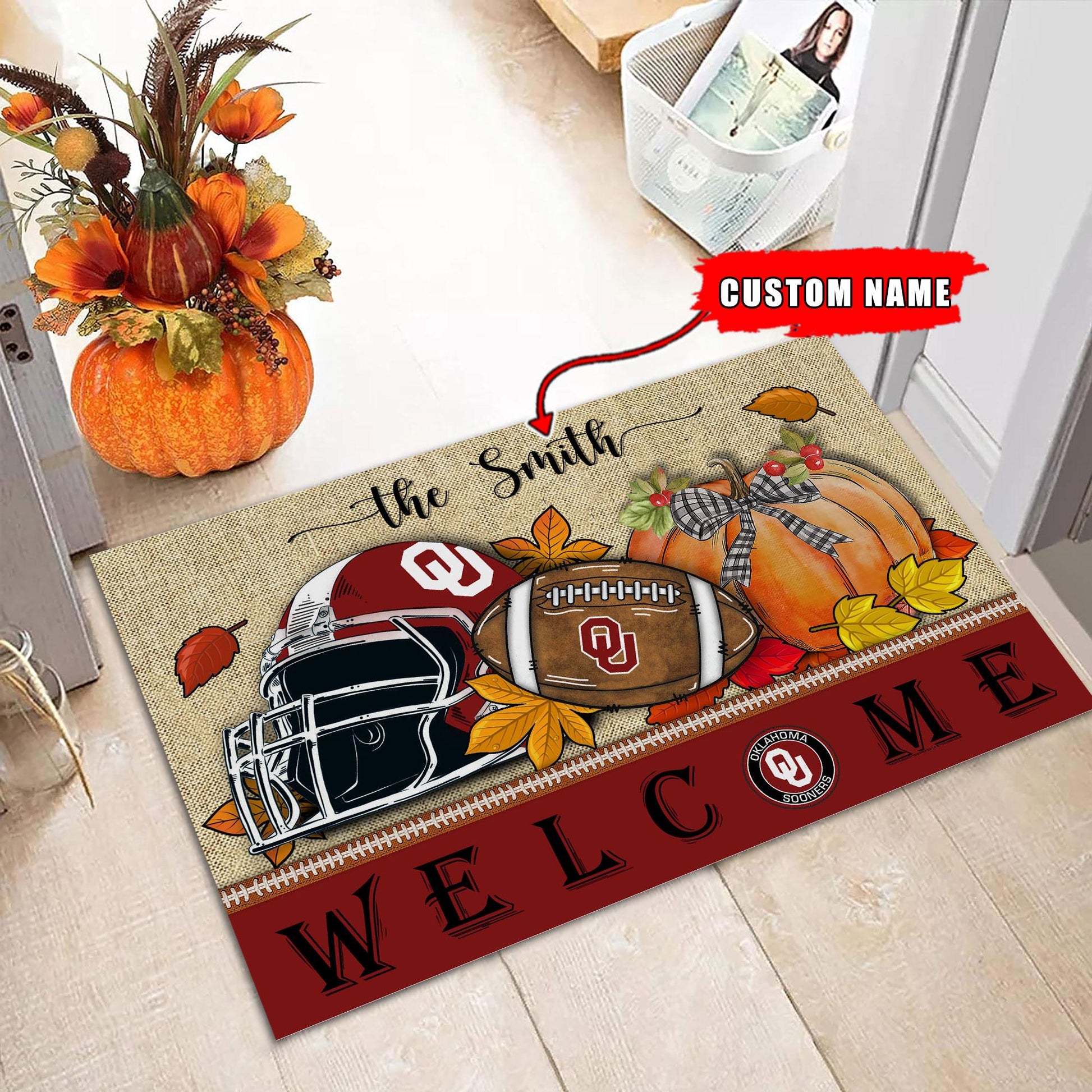 NCAA10-Oklahoma Sooners Welcome Fall Football Doormat - Custom name